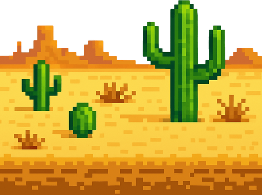 Make a 2D image of a pixelated desert.
In-Game asset.  2d.  High contrast.  No shadows