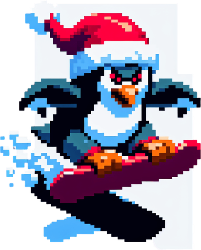 Giant angry penguin snowboarder wearing a red santa hat. top-view. gta 2. seen from above. Single Game Texture. In-Game asset. 2d. Blank background. High contrast. No shadows. pixelated. 8 bit.
A