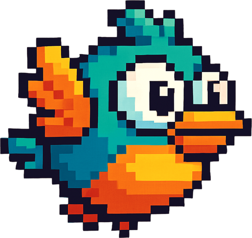 A unique pixel art bird character designed for a 2D side-scrolling game. The bird has a round, compact body and large expressive eyes. Its feathers are colorful, with shades of turquoise and orange, and it has small flapping wings. It has a slightly cartoonish look, with a tiny beak and simple outlines. The bird is seen from the side and appears mid-flight, with its wings lifted. The overall design is cute and distinct from Flappy Bird, but still fits in a retro-style arcade game..
In-Game asset.  2d.  High contrast.  No shadows. pixel art. side view. game character. cute. retro style. colorful