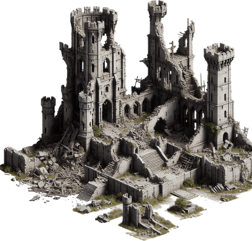 Château fort détruit.
Single Game Texture. In-Game asset. 2d. Blank background. High contrast. No shadows.