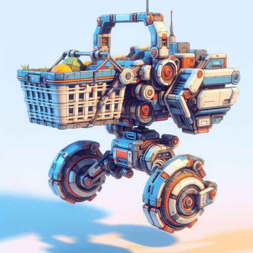 a robotic basket with high contrast.
Single Game Texture.  In-Game asset.  2d.  Blank background.  High contrast.  No shadows