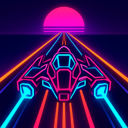 synthwave neon glow audiosurf or f-zero like ship.
In-Game asset.  2d.  High contrast.  No shadows