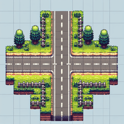 top down seamless vertical scrolling background for an endless driving game , centyral road with 3 lanes sside grass trees, and fences, pixel art style Single Game Texture.  In-Game asset.  2d.  Blank background.  High contrast.  No shadows