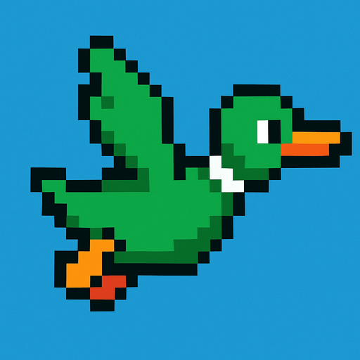 pixart green duck flying.
In-Game asset.  2d.  High contrast.  No shadows