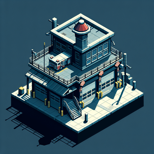 firestation.
Single Game Texture.  In-Game asset.  2d.  Blank background.  High contrast.  No shadows