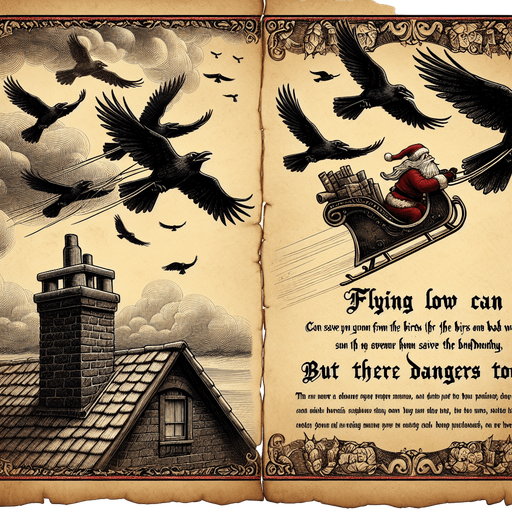a pergament with a flying santa on his sledge hiding for ravens and storms. In front of him is a chimney. There is the text: "Flying low can save you from the birds and bad weather, but there are dangers too"