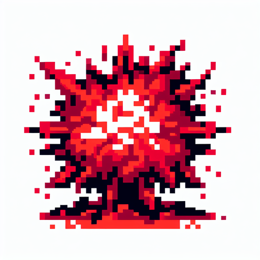 pixelated red explosion. 8 bit..
Single Game Texture. In-Game asset. 2d. Blank background. High contrast. No shadows.