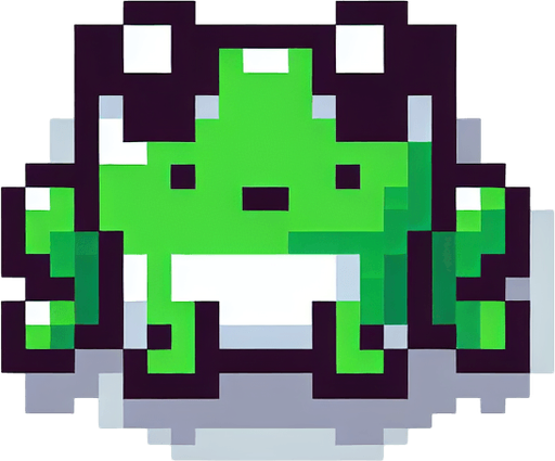 pixel art of a flat green frog, top down view.
White background, high contrast, shadowless.