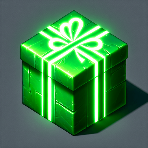 Christmas gift with glowing green wrapping paper Single Game Texture. In-Game asset. 2d. Blank background. High contrast. No shadows.