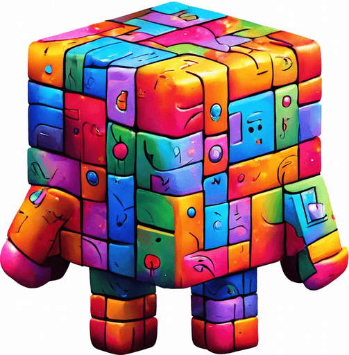 A little cube person. 2 legs. back to viewer. facing 45 degrees to the right. multicoloured skin, cartoon style.  Holding a big arrow point at 45 degress up