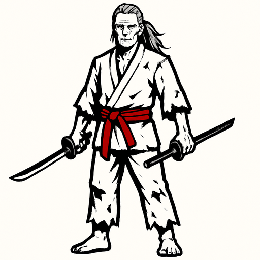 A white-clothed male samurai with torn clothes, long gray hair tied back, pale skin, red belt on his waist, holding two swords, standing confidently, simple pose, no background, front-facing, 2D game character.
In-Game asset.  2d.  High contrast.  No shadows