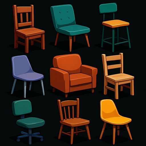 Pack of different chairs.
In-Game asset.  High contrast.  No shadows. 3D