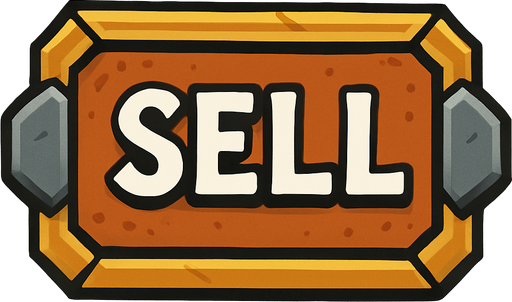 ortaçağ temalı buton üstünde SELL yazıyor.
In-Game asset.  2d.  High contrast.  No shadows