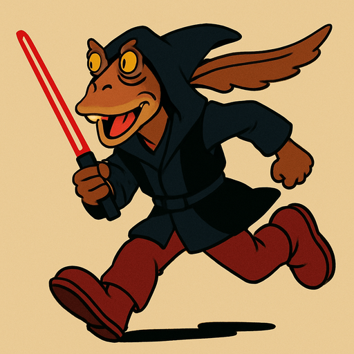 Running Sith jar-jar binks in ghibli style.
In-Game asset.  2d.  High contrast.  No shadows