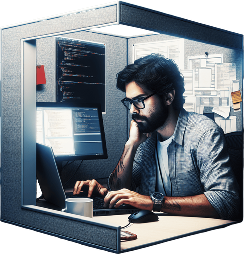 a developer sitting on his laptop in his cubicle, typing on the keyboard.
Single Game Texture.  In-Game asset.  2d.  Blank background.  High contrast.  No shadows