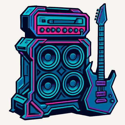 Torre de guitarra moderna, futurista con amplificacion..
In-Game asset.  2d.  High contrast.  No shadows