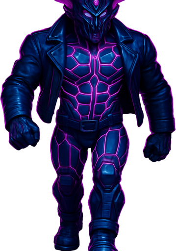 Black leather biker jacket longsleeves bare segmented neon cyberpunk pecs abs muscles robot monster hunk Neon cyberpunk 3d hologram corporate occult demon android mecha robot sentinel guard soldier machine monster fully in frame no part cut off no background anime futuristic Background removed, "Full-body character, entirely in frame, no cropping of face, head, or feet" "Complete character visible, from head to toe, fully centered in the image" "Entire character, including face and boots, fully within the frame" Character fully contained within a square frame, no edges cut off  horns through boots Walking animation forward