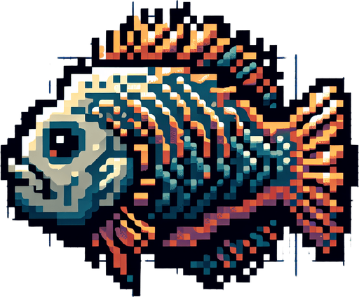 8-bit profile of fish for arcade game.
Single Game Texture. In-Game asset. 2d. Blank background. High contrast. No shadows.