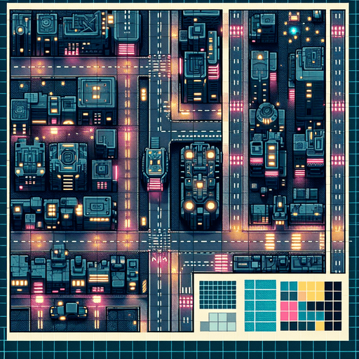 Cyberpunk city tile set. Top down view..
Single Game Texture.  2d.  Blank background.  High contrast.  No shadows