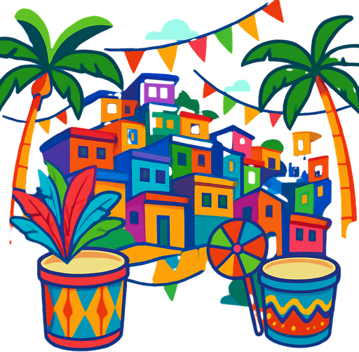A Rio-style cityscape with colorful houses, palm trees, and carnival decorations. Bright and fun atmosphere for samba drums..
In-Game asset.  2d.  High contrast.  No shadows