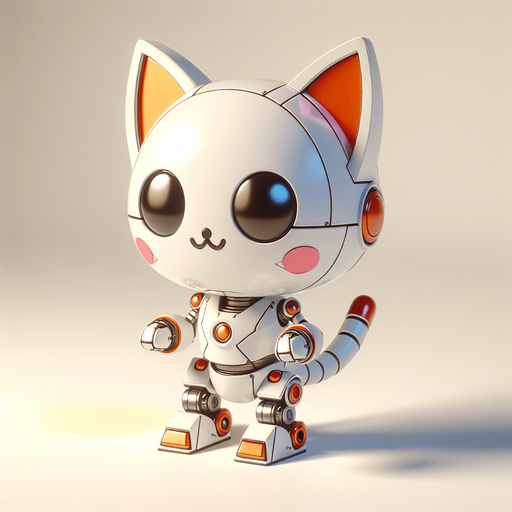 3d robotic kawaii steel kitten white and vibrant orange colour.
Single Game Texture. In-Game asset. 2d. Blank background. High contrast. No shadows.