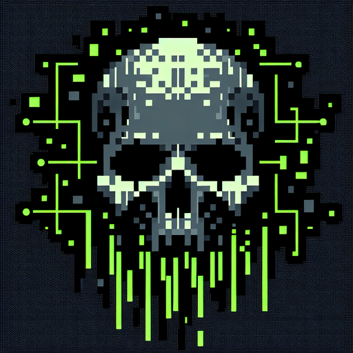 A pixelated skull with green digital "code streams" dripping down, symbolizing a destructive digital attack.
Neon green and dark gray..
Single Game Texture. In-Game asset. 2d. Blank background. High contrast. No shadows.