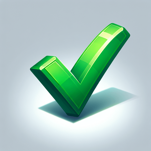 A bold green checkmark..
Single Game Texture. In-Game asset. 2d. Blank background. High contrast. No shadows.