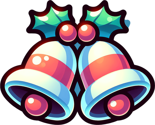 a couple of christmas bells. plastic style. Single Game Texture. In-Game asset. 2d. Blank background. High contrast. No shadows.