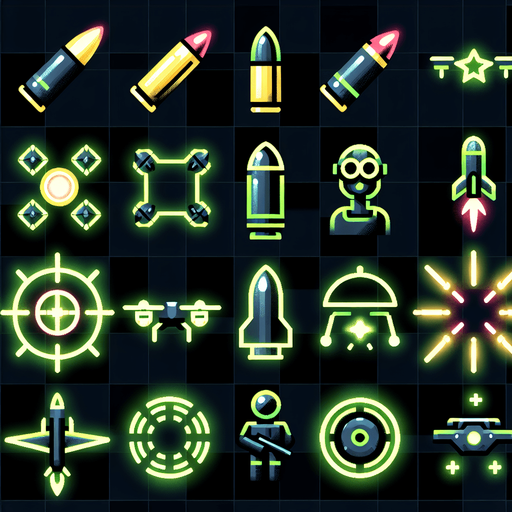 A sprite sheet that has power up icons. Icons include three bullets, a laser beam, a rocket, a drone and a small soldier. Cyberpunk and using neon glow. Green and yellow highlights. 
Single Game Texture. In-Game asset. 2d. Blank background. High contrast. No shadows.