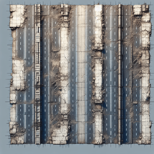 Over head view of a section of road for an endless vertical shooter. Scarred and pitted by battle. High definition..
Single Game Texture. In-Game asset. 2d. Blank background. High contrast. No shadows.