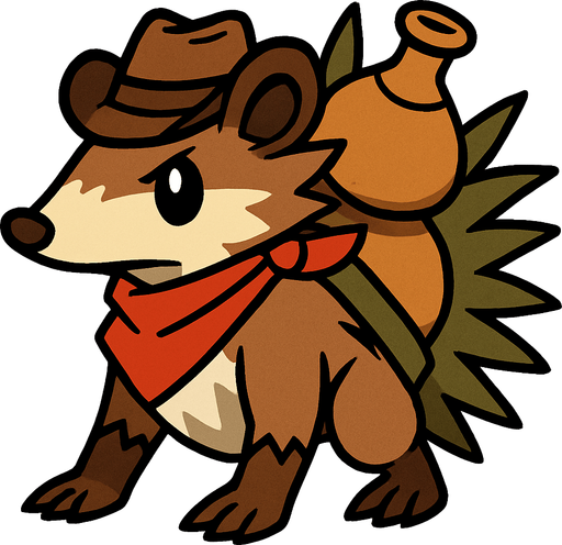 Um monstrinho do tipo Terra inspirado em Pokémon e Digimon estilo invocador aparência inspirada em gambá, nordeste, Cabaça nas costas e faroeste.
In-Game asset.  2d.  High contrast.  No shadows