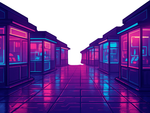 Produce a cyber-market plaza at dawn under diffuse magenta light. Glass kiosks line the area, each casting neon reflections on wet stone tiles. A floating banner above reads ‘Visit otter.trading’ in bold luminous text. Include subtle drifting circuit-patterned mist—coin- and character-free..
In-Game asset.  2d.  High contrast.  No shadows
