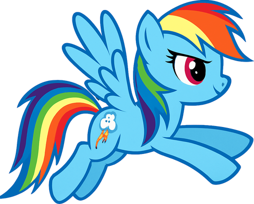 Rainbow Dash, flight position, 2D, side view.
In-Game asset.  2d.  High contrast.  No shadows