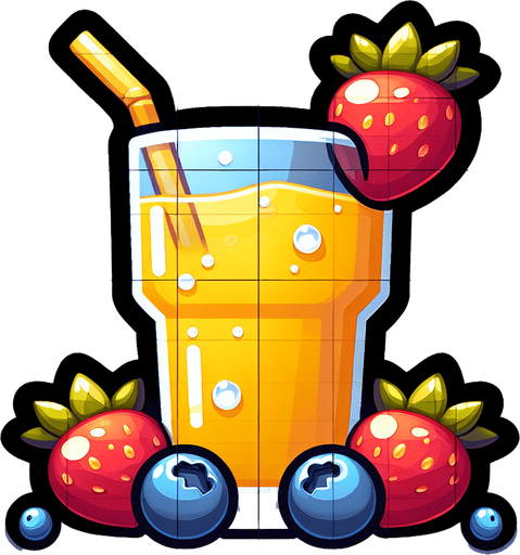 A nice glass of lemonade with strawberries and blueberries.
Single Game Texture. In-Game asset. 2d. Blank background. High contrast. No shadows.