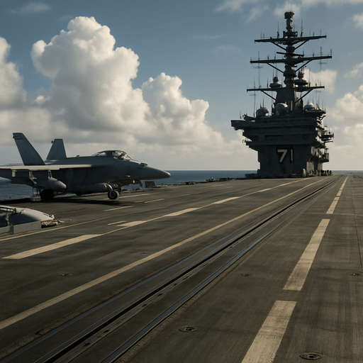 Photorealistic nuclear-powered
aircraft carrier deck. View from the deck before take off