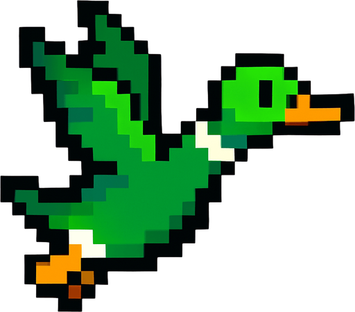 pixart green duck flying.
In-Game asset.  2d.  High contrast.  No shadows