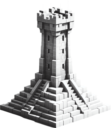 A turret tower constructed out of square ice blocks. Front view perspective. Single Game Texture. In-Game asset. 2d. Blank background. High contrast. No shadows.