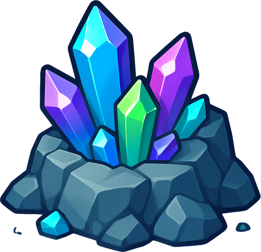 Crea un nodo de recurso de Mina de Cristales en un estilo 2D renderizado, limpio y cartoonish, con contornos claros y definidos, colores vibrantes con transiciones suaves, y sombreado que dé volumen. Debe ser fácilmente reconocible como una fuente de cristales (gemas).

Estructura Principal: Un afloramiento rocoso con cristales brillantes incrustados. Los cristales pueden ser de varios colores (azul, morado, verde) y de diferentes tamaños, con un brillo sutil.

Rocas: Las rocas circundantes pueden tener una textura diferente a la mina de oro, quizás más angulares o con colores más fríos.

Formación: Los cristales deben estar agrupados en formaciones geológicas naturales, y puede haber pequeños fragmentos de cristal esparcidos alrededor.

Dimensiones Sugeridas: Similar a la mina de oro (64x64 o 96x96 píxeles)..
In-Game asset.  2d.  High contrast.  No shadows