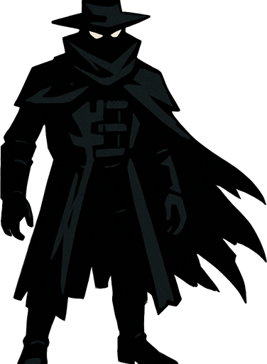 kılıçsız karanlık ve gizemli insansı bir kahraman şapkalı ve tüm vücudu görünüyor.
In-Game asset.  2d.  High contrast.  No shadows