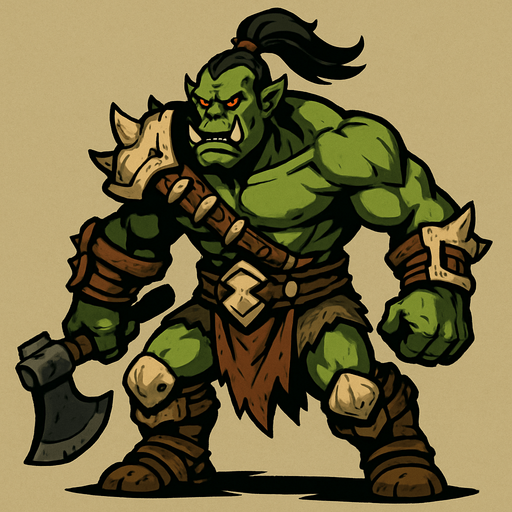 A full-body stylized illustration of an orc warrior, standing in a dynamic pose. The orc has green or grayish skin, muscular build, tusks, and tribal armor made of bone, leather, and metal. The style is fantasy-themed with bold lines, exaggerated proportions, and detailed textures. The lighting is dramatic, emphasizing the orc’s strength and menace. Background is minimal or softly blurred to keep focus on the character. Suitable for fantasy RPG game concept art..
In-Game asset.  2d.  High contrast.  No shadows