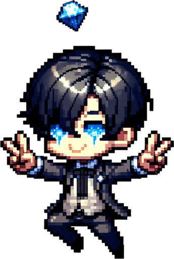 pixel person with black hair, black pants, black eyes, and blue clothes making a V with hands jumping in a rain of diamonds.
Single Game Texture.  In-Game asset.  2d.  Blank background.  High contrast.  No shadows
