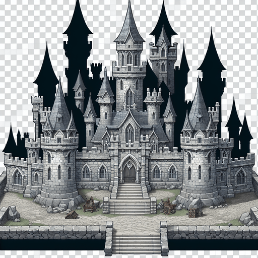 A grey fantasy castle.
In-Game asset. 2d. Transparent background. High contrast. No shadows.