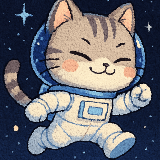 A cute kitten, illustrated in an adorable chibi anime style and wearing an astronaut suit, is leaping through outer space with a smug, confident smile on its face. Its pose is full of playful energy
