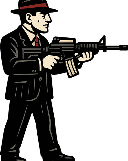 un mafioso italiano usando un m4 con la perspectiva lateral de cuerpo completo
In-Game asset.  2d.  High contrast.  No shadows