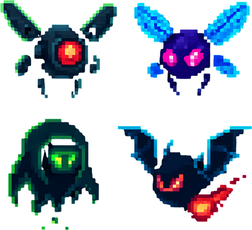 Crea enemigos voladores estilo pixel art, ideales para un juego de plataformas retro. Deben flotar o volar sobre el jugador, con movimientos suaves o erráticos. Pueden tener alas mecánicas, alas de insecto, o simplemente levitar con energía. Que se vean amenazantes, pero simples de animar.

Pueden tener:

Ojos brillantes o un solo ojo (tipo dron o criatura mágica).

Colores oscuros o neón, para resaltar en niveles digitales o de noche.

Algunos pueden disparar proyectiles, otros solo hacen daño al contacto..
In-Game asset.  2d.  High contrast.  No shadows