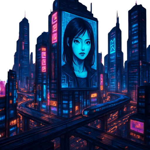 Cyberpunk city. have digital screens and digital girl have black hair talking on it. towers. from above. cars on roads. Trains roads. HD colors.