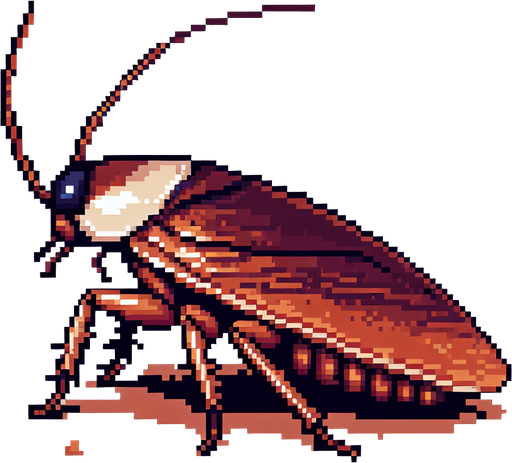 Genera una cucaracha de color marron que se vea solo de perfil mirando a la izquierda en pixel art.
Single Game Texture.  In-Game asset.  2d.  Blank background.  High contrast.  No shadows