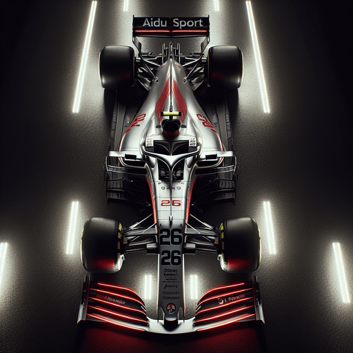 Photorealistic AUDI F1 race car, top view. 
Hex Color Code: #FF2A1B
Silver body with black stripes.
Luminous bright red rear wing and front wing, 
Audi's 4 piece of white ring on rear wing. 
White ,,Aidu Sport" text on front wing. 
red 26 number on nose.