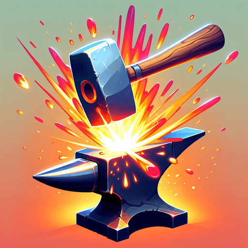 A stylized hammer striking an anvil, creating fiery sparks or engulfing the hammer head in flames..
Single Game Texture.  In-Game asset.  2d.  Blank background.  High contrast.  No shadows