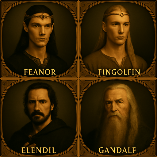 Feanor ve Fingolfin birer elf prensi buna layık olsunlar. Gandalfında şapkası yok. Çerçeve ve boyut vs değiştirmeden yeniden üret